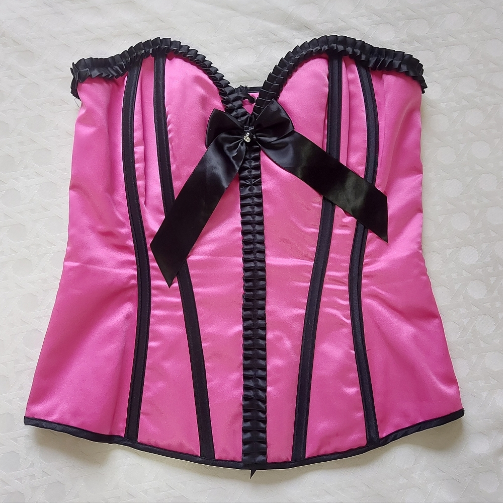Shirley Of Hollywood Romantic Bow Corset Size 36 Pink Satin Ruched Boned Bustier